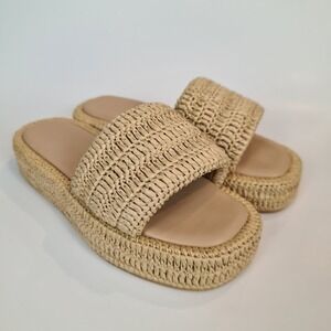 Covet Tan Woven Raffia Platform Slide Sandals Square Toe Flatform Size 38 EU